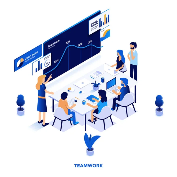 Moderne Platte Ontwerp Isometrische Illustratie Van Teamwork Kan Worden Gebruikt — Stockvector