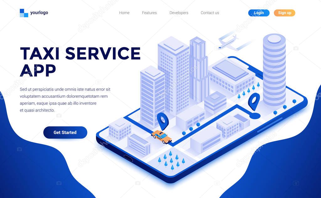 Modern flat design isometric concept of Taxi Service app for website and mobile website. Landing page template. Easy to edit and customize. Vector illustration