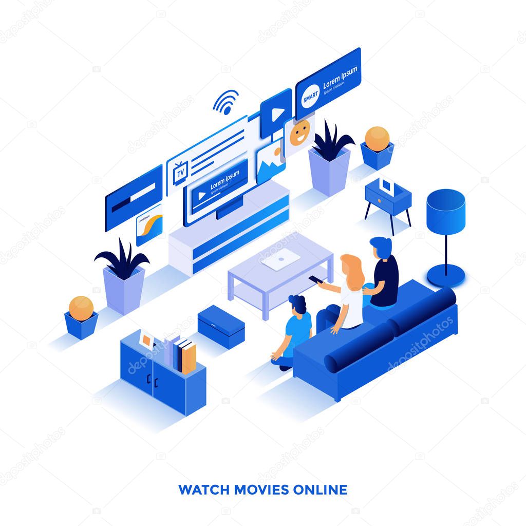 Modern flat design isometric illustration of Watch Movies Online. Can be used for website and mobile website or Landing page. Easy to edit and customize. Vector illustration