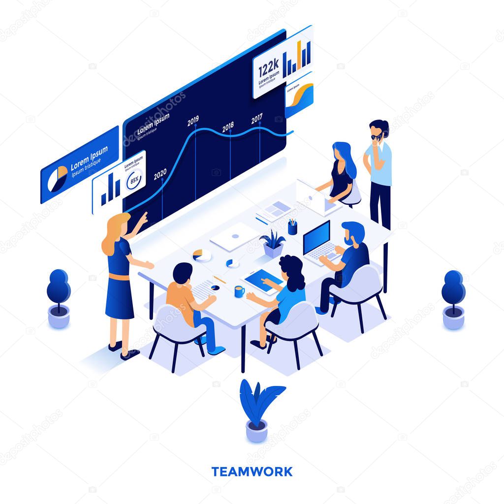 Modern flat design isometric illustration of Teamwork. Can be used for website and mobile website or Landing page. Easy to edit and customize. Vector illustration