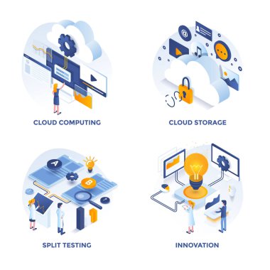 Modern düz izometrik kavramı simgeler Cloud Computing, bulut depolama, Split test ve yenilik için tasarlanmıştır. Web proje ve uygulamalar için kullanılabilir. Vektör çizim