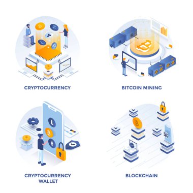 Modern düz izometrik kavramı simgeler Cryptocurrency, Cryptocurrency m-cüzdan, Bitcoin incelemesi ve Blockchain için tasarlanmış. Web proje ve uygulamalar için kullanılabilir. Vektör çizim