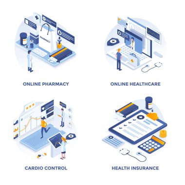 Modern düz izometrik kavramı simgeleri Online Eczane, Online Sağlık, kardiyo denetim ve sağlık sigortası için tasarlanmıştır. Web proje ve uygulamalar için kullanılabilir. Vektör çizim