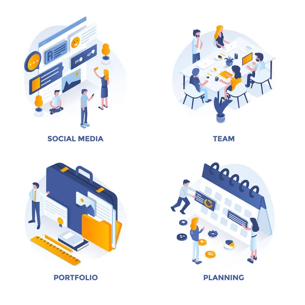 Modern düz izometrik kavramı simgeler sosyal medya, takım, portföy ve planlama için tasarlanmıştır. Web proje ve uygulamalar için kullanılabilir. Vektör çizim