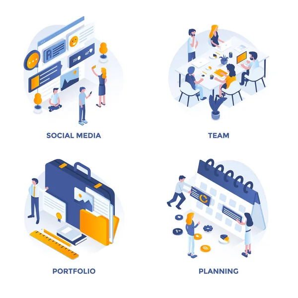 Ícones Conceito Isométricos Planos Modernos Para Mídias Sociais Equipe Portfólio —  Vetores de Stock
