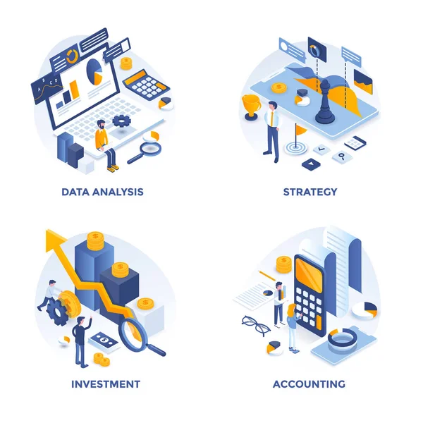 Modern Flach Isometrisch Gestaltete Konzeptsymbole Für Datenanalyse Strategie Investition Und — Stockvektor