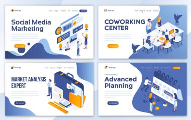Sosyal medya pazarlama, Coworking Merkezi, pazarlama analiz uzmanı ve gelişmiş planlama sayfa tasarım şablonları iken, küme. Düzenlemek ve özelleştirmek kolay. Modern vektör illüstrasyon kavramlar Web siteleri için