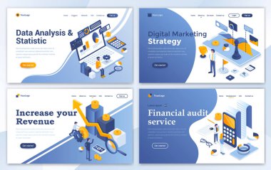 Sayfa tasarım şablonları veri analizi, dijital pazarlama stratejisi, dosyalarınızın için açılış gelir ve finansal denetim kümesi. Düzenlemek ve özelleştirmek kolay. Modern vektör illüstrasyon kavramlar Web siteleri için
