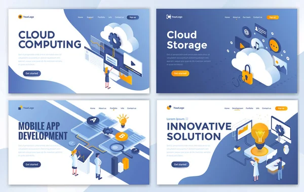 Set Landing Pagina Ontwerpsjablonen Voor Cloud Computing Cloud Opslag Mobiele — Stockvector