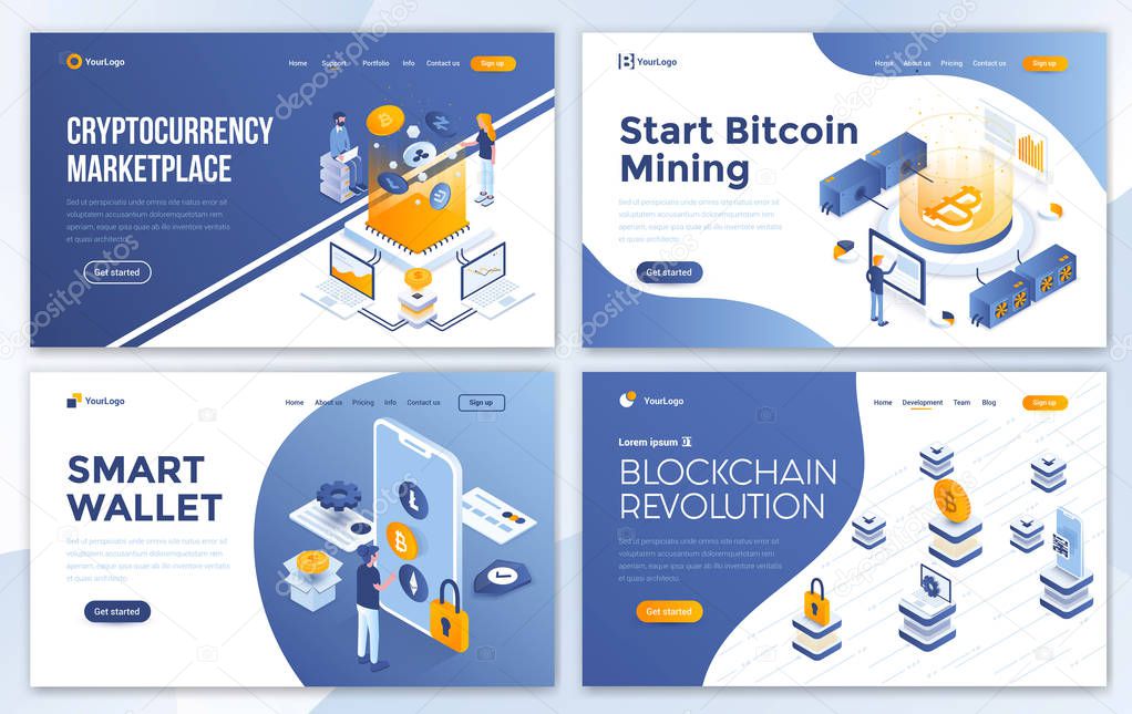 Set of Landing page design templates for Cryptocurrency marketplace, Bitcoin mining, Smart wallet and Blockchain revolution. Easy to edit and customize. Modern Vector illustration concepts for websites