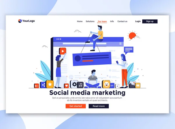Επίπεδη σύγχρονη σχεδίαση του προτύπου ιστοσελίδας-μάρκετινγκ στα μέσα κοινωνικής δικτύωσης — Διανυσματικό Αρχείο