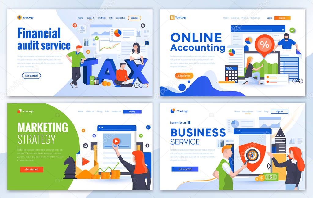 Set of Landing page design templates for Finanial Audit, Online Accouting, Marketing Strategy and Business Services. Easy to edit and customize. Modern Vector illustration concepts for websites