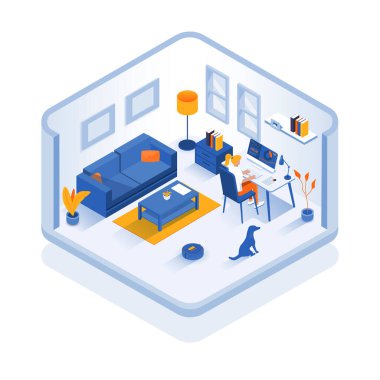 İçişleri Bakanlığı 'nda çalışan bir kadın. Oda mobilyaları içeriyor - bilgisayarlı çalışma masası, ofis sandalyesi, koltuk, kitaplık ve evcil bitkiler. Düz İzometrik Çizim