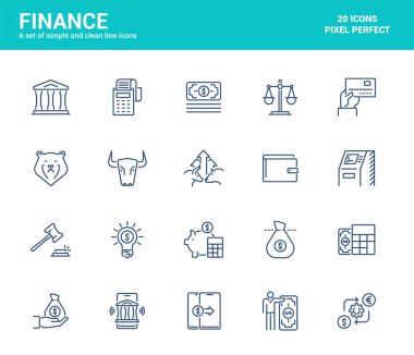 Basit Finans Hattı Simgeleri Kümesi. E-ticaret, Yatırım, Borsa, Bankacılık ve Muhasebe elemanları. Düzenlenebilir Vektör Simgeleri