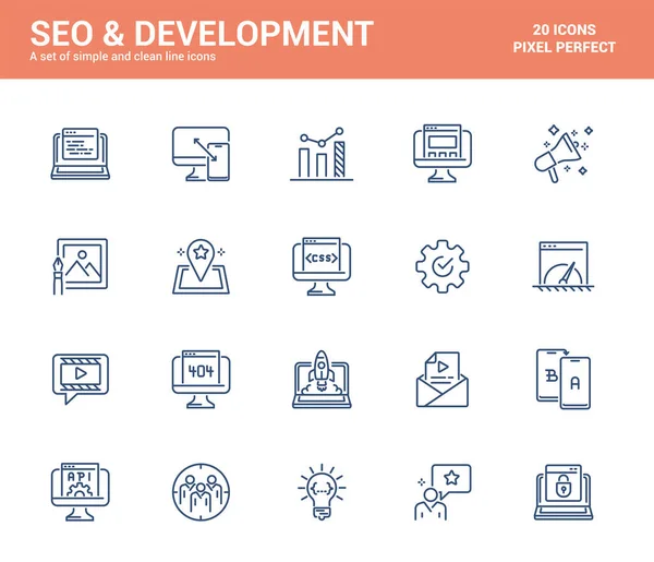 Eenvoudige Set Van Seo Development Line Pictogrammen Seo Ontwikkeling Webontwerp — Stockvector