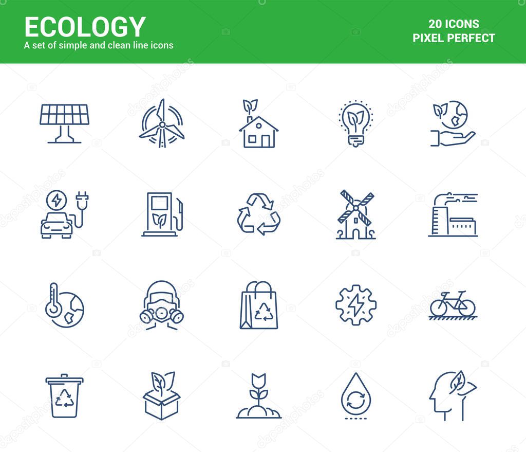 Simple Set of Ecology Line Icons. Green Power, Recycling, Eletric Power, etc. Editable Vector Icons