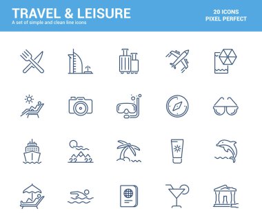 Basit Seyahat ve Tatil Hattı Simgeleri. Yaz tatili, Saile, RestarAunt, Dalış, vs. Düzenlenebilir Vektör Simgeleri