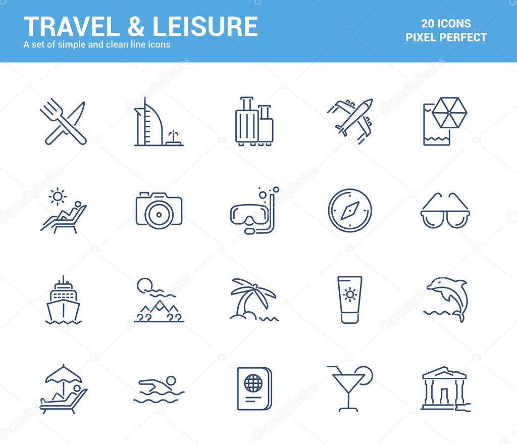 Simple Set of Travel and Leisure Line Icons. Summer Vacation, Saile, Restaraunt, Diving, etc. Editable Vector Icons