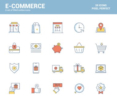 E-ticaret teması, mobil kavramlar, web uygulamaları, basılı medya ve bilgi grafikleri projeleri için uygun olan düz çizgi simgeleri dizisi dolduruldu. Vektör İllüstrasyonu