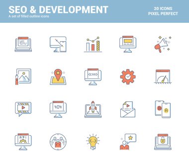 Mobil kavramlar, web uygulamaları, basılı medya ve bilgi grafikleri projeleri için uygun, pazarlama teması için simge dolu düz çizgi setleri. Vektör İllüstrasyonu