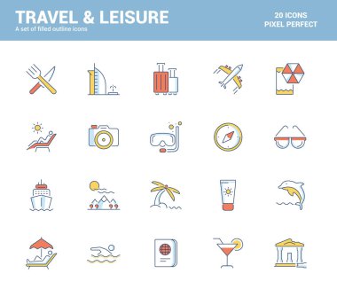 Seyahat ve Eğlence teması, mobil kavramlar, web uygulamaları, basılı medya ve bilgi grafikleri projeleri için uygun olan düz çizgi simgeleri dizisi dolduruldu. Vektör İllüstrasyonu