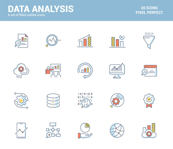 Набор плоских иконок для темы анализа данных, подходящих для мобильных концепций, веб-приложений, печатных СМИ и инфографических проектов. Векторная миграция