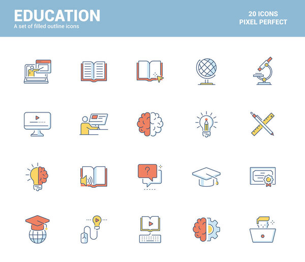 Набор плоских линий заполненных иконок для темы образования, подходящих для мобильных концепций, веб-приложений, печатных СМИ и инфографических проектов. Векторная миграция