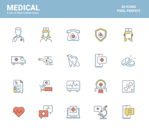 Set Flat Line Filled Icons Medical Healthcare Theme Suitable Mobile — Stock Vector