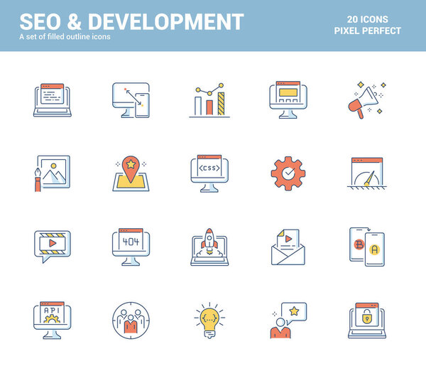 Набор плоской линии заполненные иконки для маркетинга темы, подходит для мобильных концепций, веб-приложений, печатных СМИ и инфографических проектов. Векторная миграция