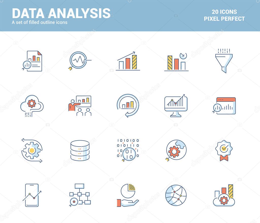 Set of flat line filled icons for Data analysis theme, suitable for mobile concepts, web application, printed media and infographics projects. Vector Illustration