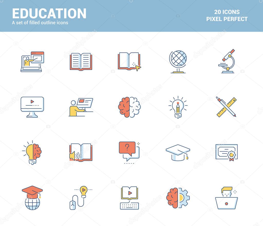 Set of flat line filled icons for Education theme, suitable for mobile concepts, web application, printed media and infographics projects. Vector Illustration