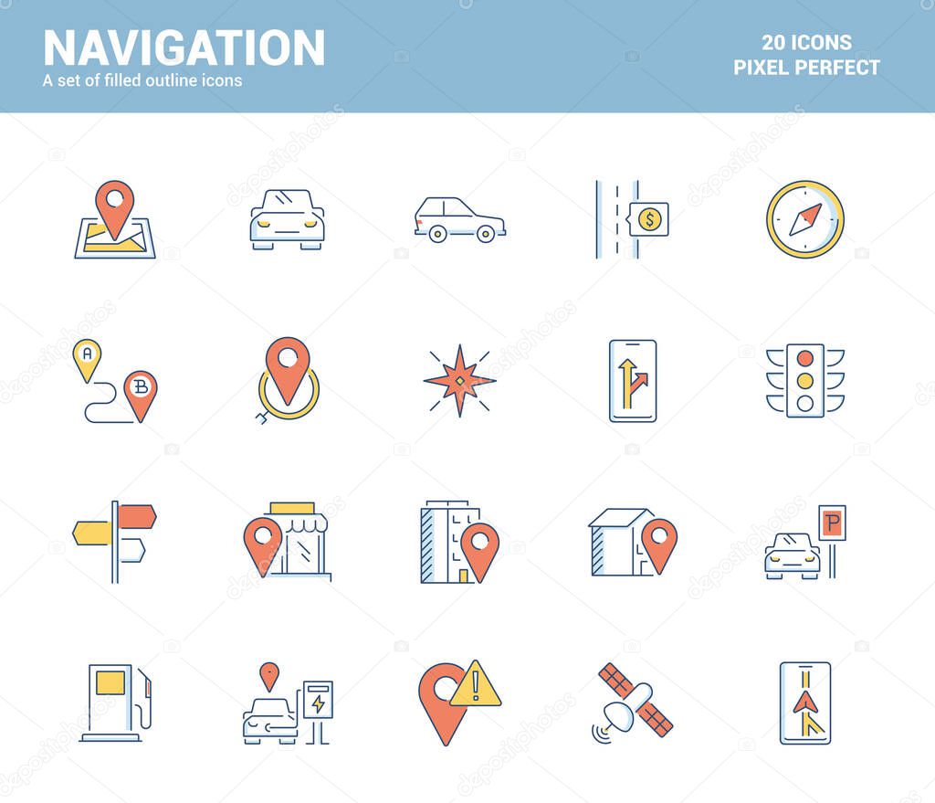 Set of flat line filled icons for Navigation theme, suitable for mobile concepts, web application, printed media and infographics projects. Vector Illustration