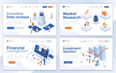 Veri Analizi, Pazar araştırması, Finansal Yönetim ve Yatırım çözümleri için İniş sayfası tasarım şablonları. Düzenlemek ve kişiselleştirmek kolay. Web siteleri için modern Vektör illüstrasyon kavramları