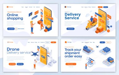 Çevrimiçi Alışveriş, Teslimat, İHA teslimatı ve sevkiyatınızı takip etmek için İniş sayfası tasarım şablonları. Düzenlemek ve kişiselleştirmek kolay. Web siteleri için modern Vektör illüstrasyon kavramları