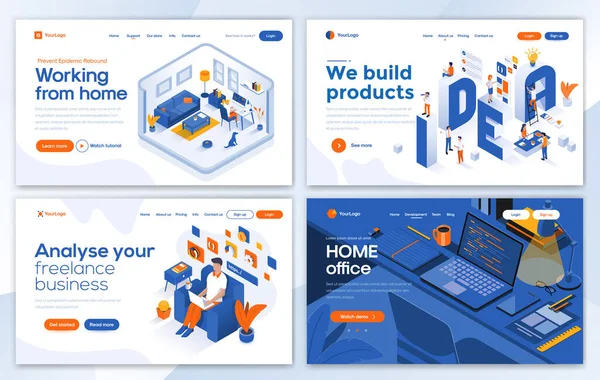 Set Landing Page Design Templates Working Home Build Products Freelance — Stock Vector