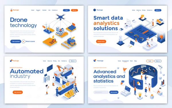 Uppsättning Designmallar För Landningssida För Drönarteknik Smart Dataanalys Automatiserad Industri — Stock vektor