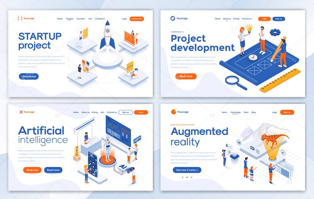 Set of Landing page design templates for Startup project, Project development, Artificial intelligence and Augmented reality. Easy to edit and customize. Modern Vector illustration concepts for websites