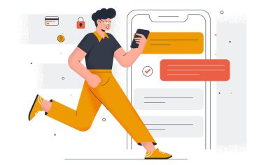 Mobil bankacılık modern düz tasarım konsepti. Genç bir adam ve kadın proje üzerinde birlikte çalışıyorlar. Ofis işleri ve zaman yönetimi. Düzenlemek ve kişiselleştirmek kolay. Vektör illüstrasyonu