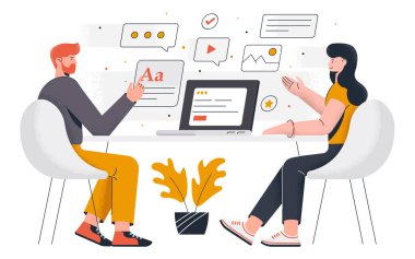 Modern daire tasarım konsepti ofis işi. Genç bir adam ve kadın proje üzerinde birlikte çalışıyorlar. Ofis işleri ve zaman yönetimi. Düzenlemek ve kişiselleştirmek kolay. Vektör illüstrasyonu