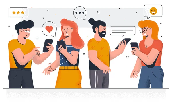スマートフォンでチャット若い人たちの近代的なフラットデザインの概念 幸せな男の子と女の子が一緒にコミュニケーションし ソーシャルメディアでメッセージを送る 編集とカスタマイズが簡単です ベクターイラスト — ストックベクタ