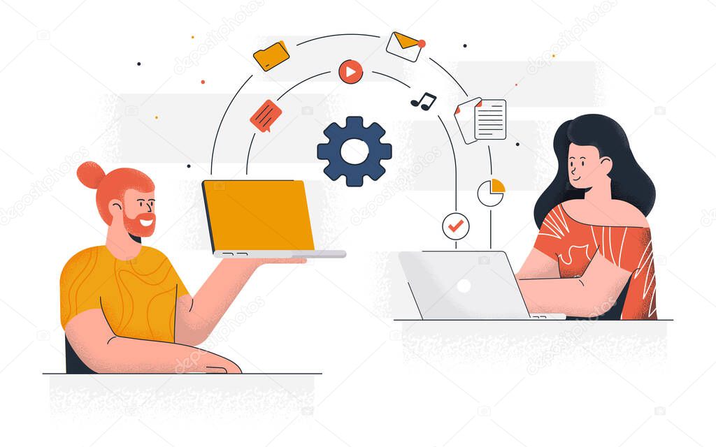 Modern flat design concept of Sharing files. Young man and woman working together on project. Office work and time management. Easy to edit and customize. Vector illustration