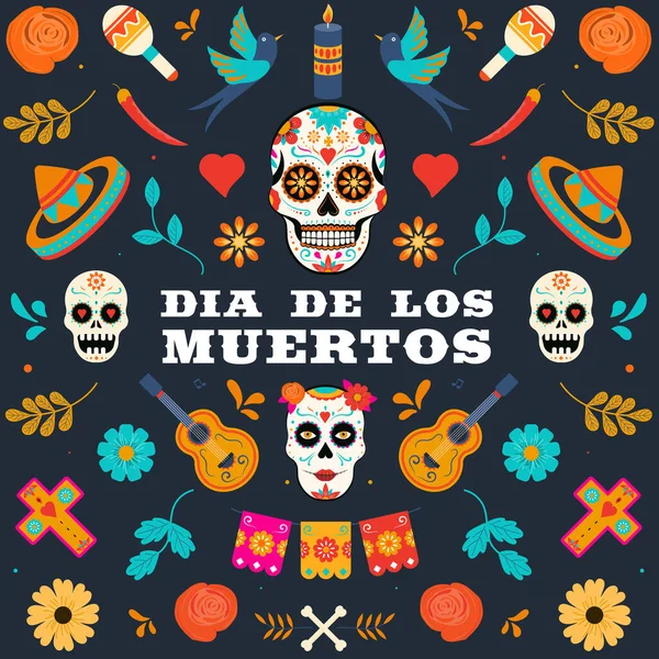 Day Dead Dia Los Muertos Banner Colorful Mexican Flowers Fiesta — Stock Vector
