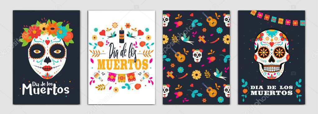 Dia de los Muertos, Day of the Dead Brochure Design Layout Template in A4 size with ornaments on dark backgroun. Abstract Modern Backgrounds, Party poster. Vectot Illustrations