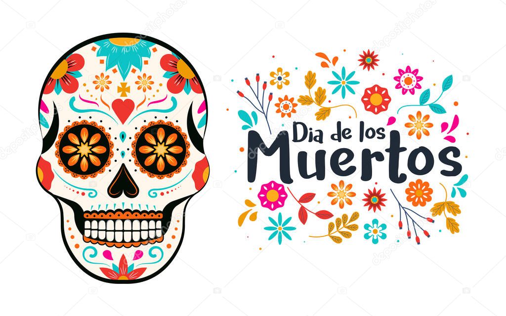 Day of the dead, Dia de los muertos, banner with colorful Mexican flowers. Fiesta, holiday poster, party flyer, funny greeting card. Vector Illustration