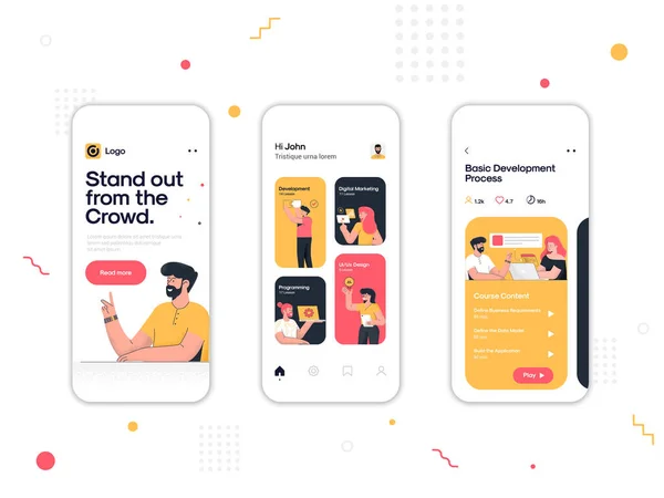 Zestaw Ekranów Gui Aplikacja Online Kurs Płaski Szablon Aplikacji Mobilnych — Wektor stockowy