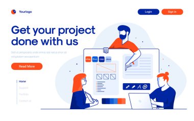 Proje Geliştirme şablonu indiriliyor. Modern çalışma alanında çalışan gençlerden oluşan bir ekip. Web sitesi ve mobil web sitesi için modern düz tasarım konsepti. Düzenlemek ve kişiselleştirmek kolay. Vektör illüstrasyonu