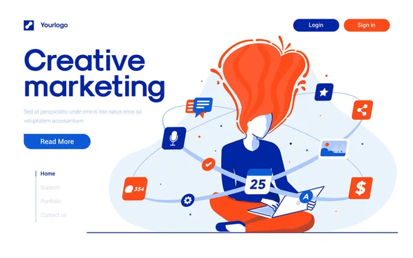 Modello Pagina Destinazione Creative Marketing Giovane Donna Lavora Soluzioni Marketing — Vettoriale Stock