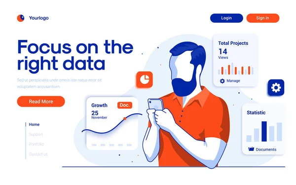 Sjabloon Landingspagina Focus Juiste Gegevens Jongeman Beheert Data Zijn Smartphone — Stockvector
