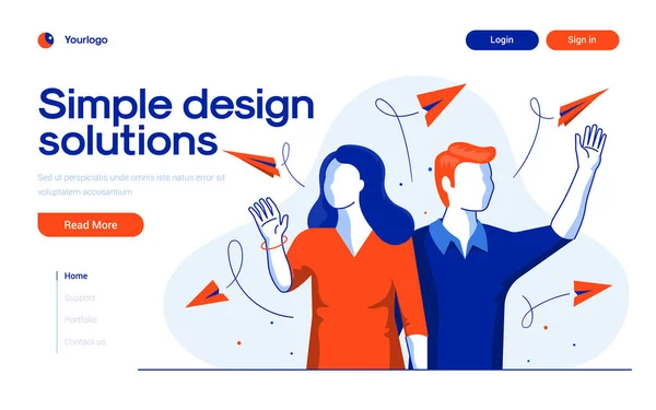 Szablon Strony Lądowania Simple Design Solutions Zespół Młodych Ludzi Pracujących — Wektor stockowy