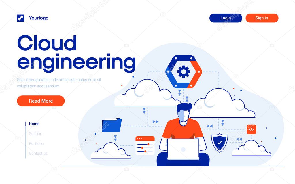 Landing page template of Cloud Engineering. Cloud Engineer with laptom and elements. Modern flat design concept of web page design for website and mobile website. Easy to edit and customize. Vector illustration